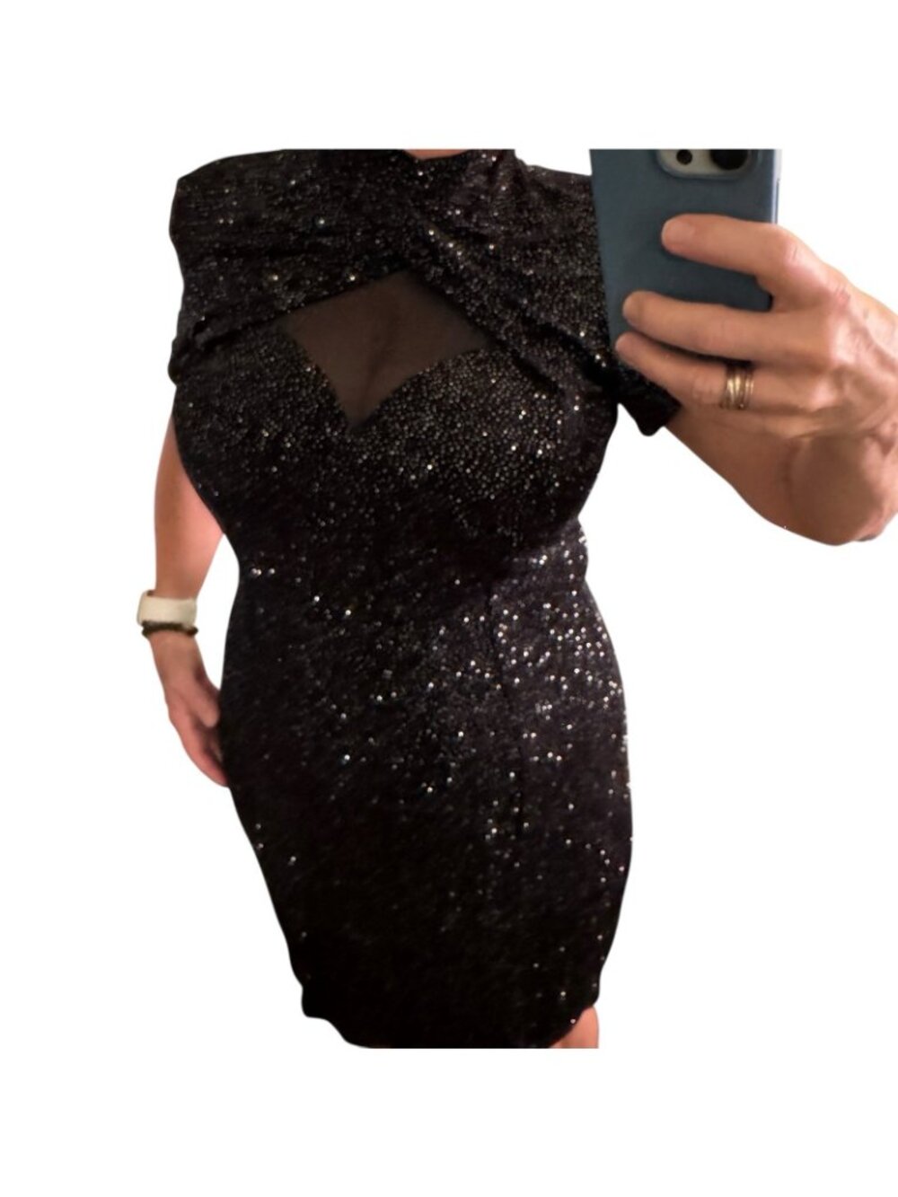 Evening Dress Womens 12 Curvy Black Mini Illusion Elegant Sparkle VTG Night Way - Picture 6 of 15
